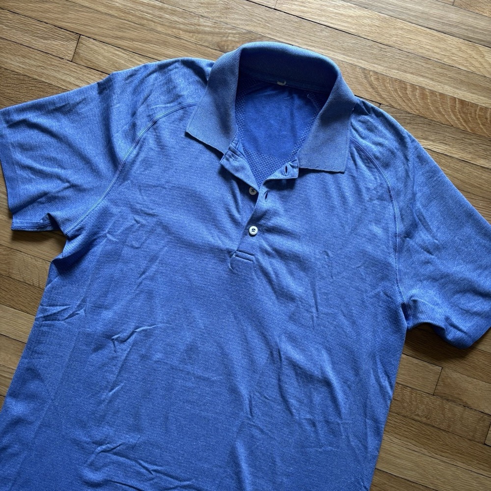 Lululemon‎ Metal Vent Tech Polo Shirt Mens Medium Blue Stretch Golf Activewear